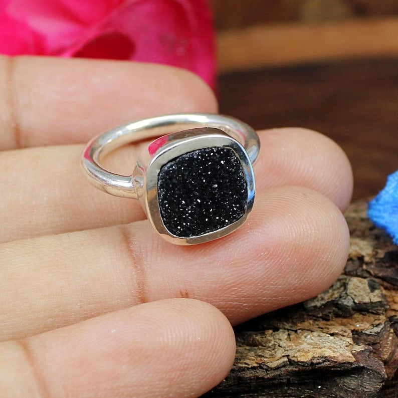 Cushion Shape Black Druzy Gemstone 92.5 Silver Ring