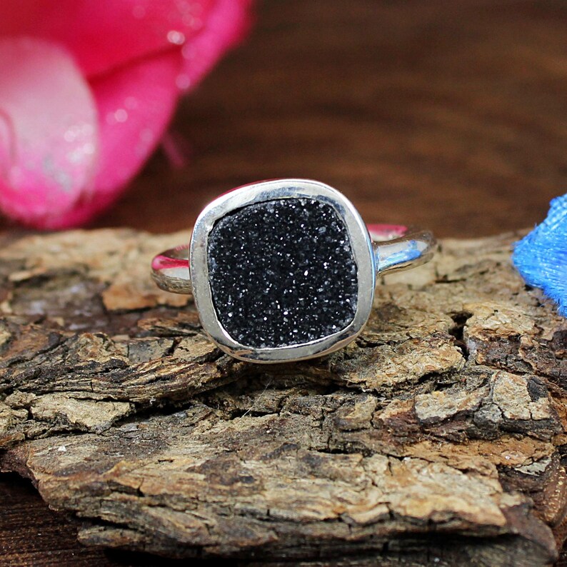 Cushion Shape Black Druzy Gemstone 92.5 Silver Ring