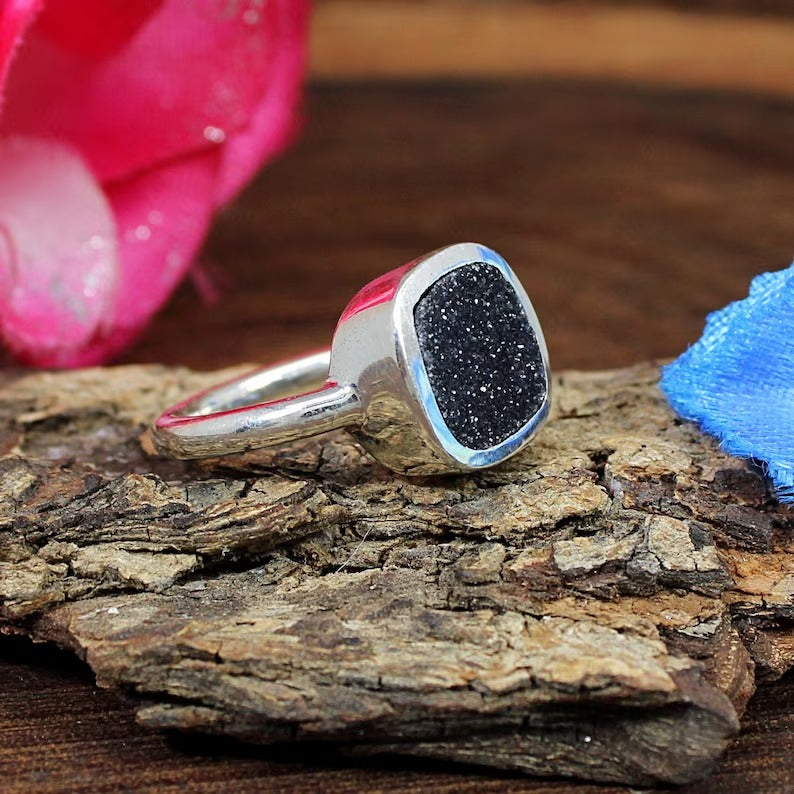 Cushion Shape Black Druzy Gemstone 92.5 Silver Ring