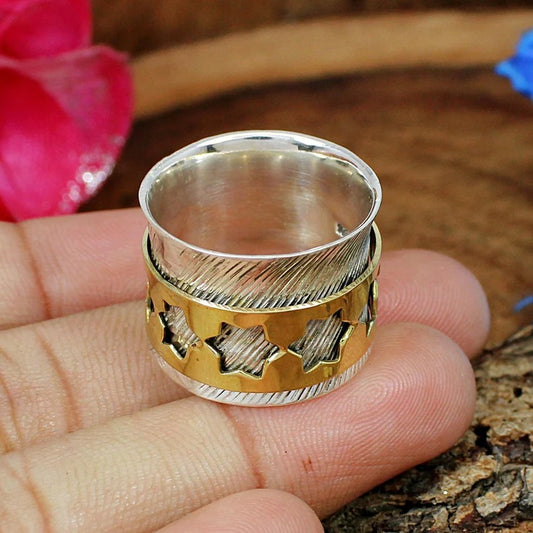 92.5 Sterling Silver Gold Star Plain Spinner Ring