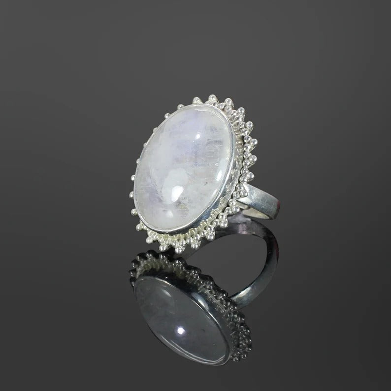 Rainbow Moonstone Gemstone 92.5 Sterling Silver Ring