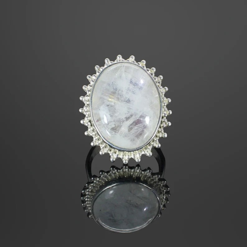 Rainbow Moonstone Gemstone 92.5 Sterling Silver Ring