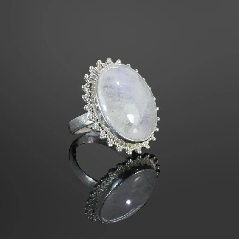 Rainbow Moonstone Gemstone 92.5 Sterling Silver Ring