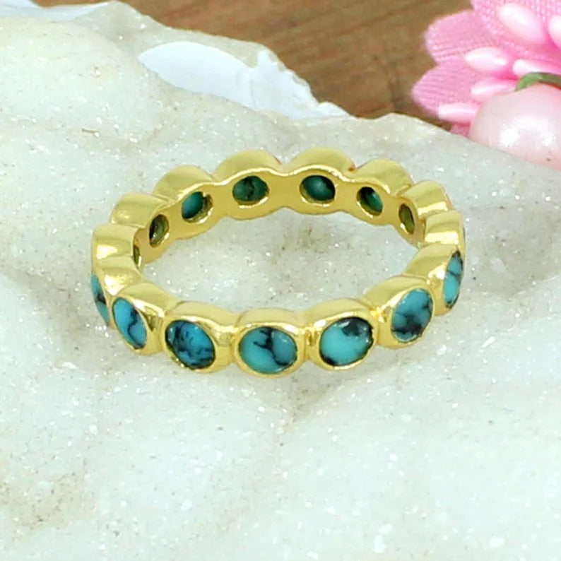 Turquoise Gemstone Gold Plated Silver Eternity Ring Band