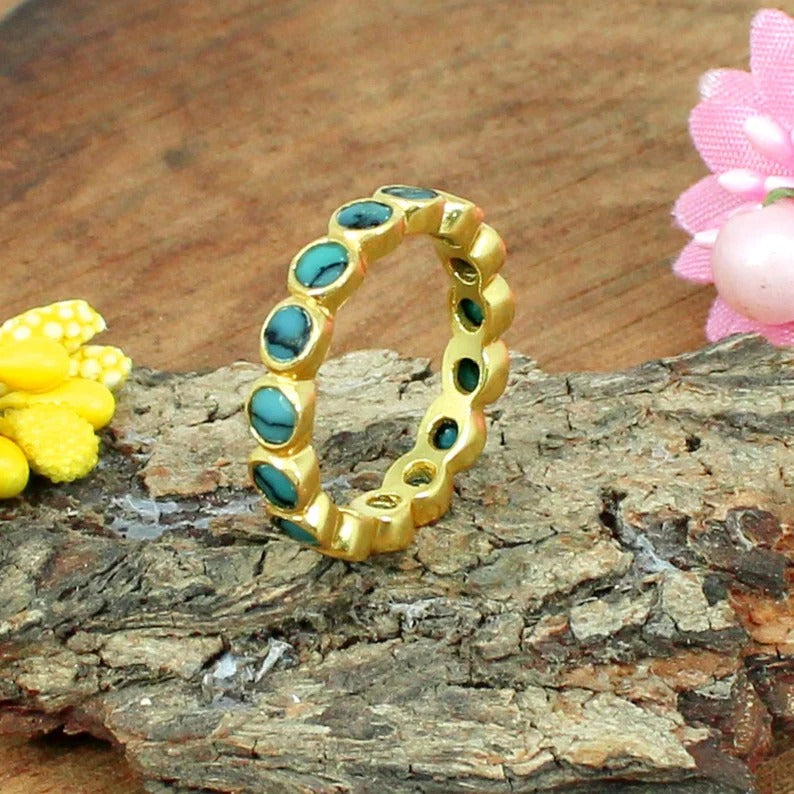 Turquoise Gemstone Gold Plated Silver Eternity Ring Band