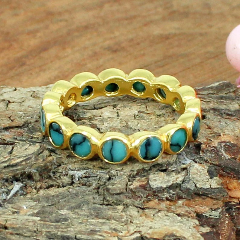 Turquoise Gemstone Gold Plated Silver Eternity Ring Band