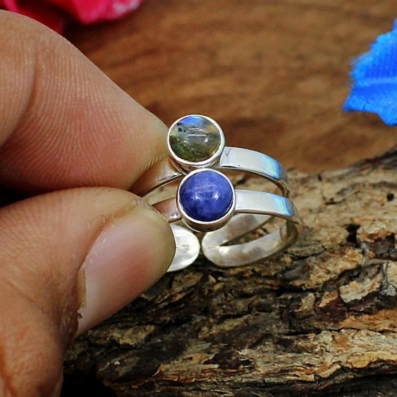 Labradorite & Lapis Lazuli Gemstone 92.5 Sterling Silver Ring