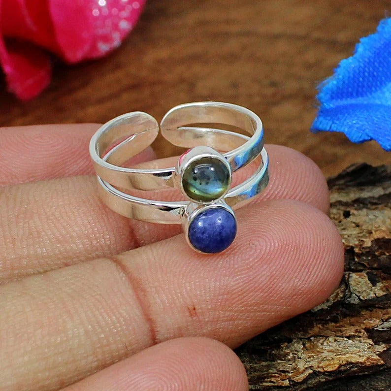 Labradorite & Lapis Lazuli Gemstone 92.5 Sterling Silver Ring