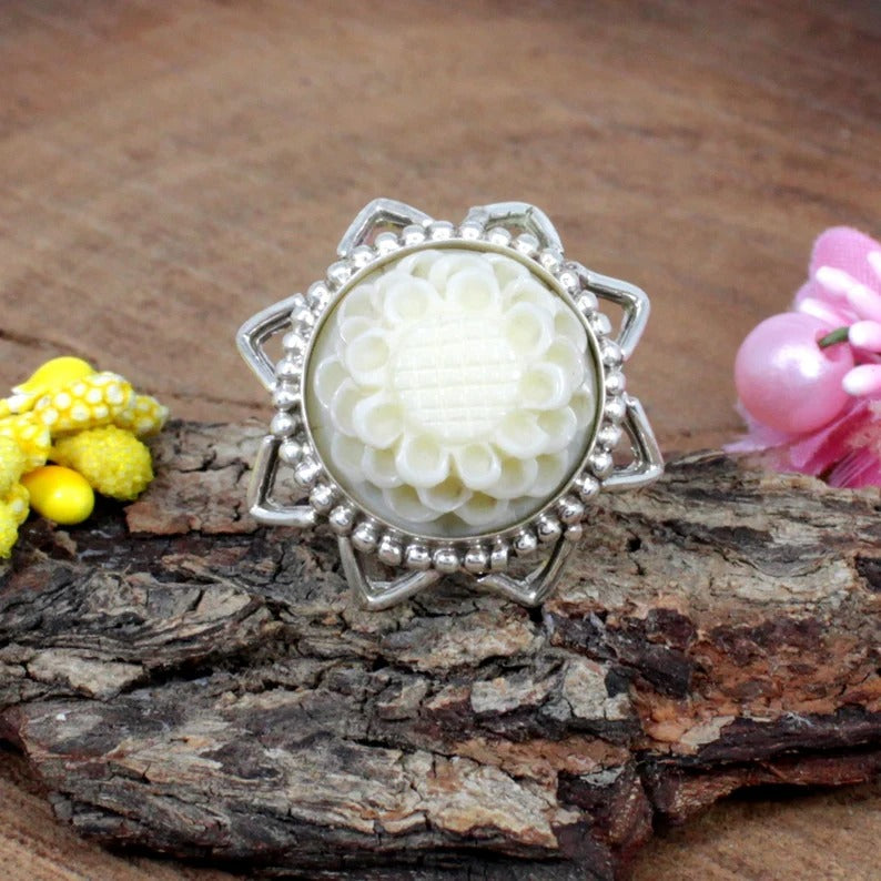 Chinese White Coral Sterling Silver Ring