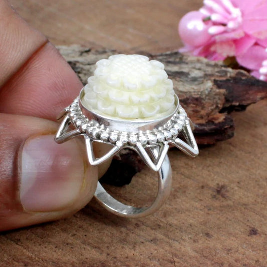 Chinese White Coral Sterling Silver Ring