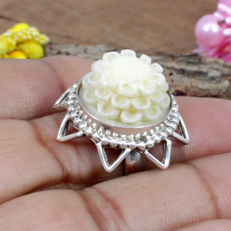 Chinese White Coral Sterling Silver Ring