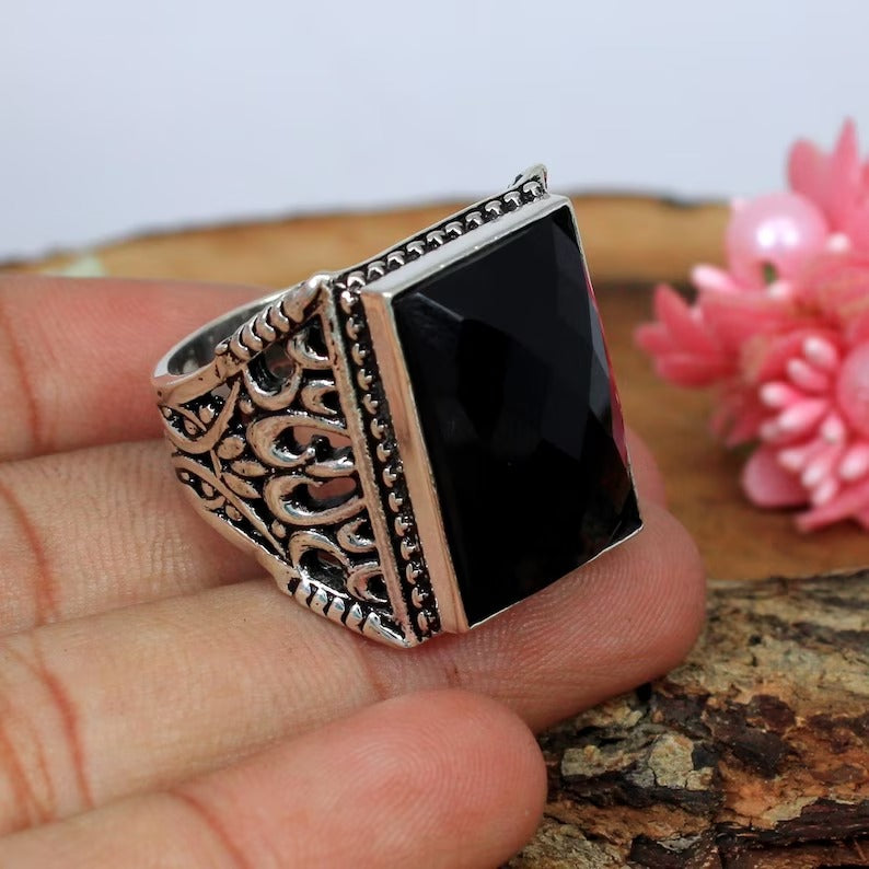 Faceted Black Onyx Gemstone 925 Sterling Silver Ring