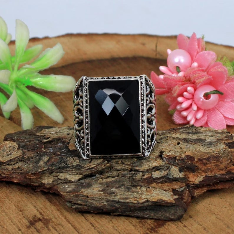 Faceted Black Onyx Gemstone 925 Sterling Silver Ring