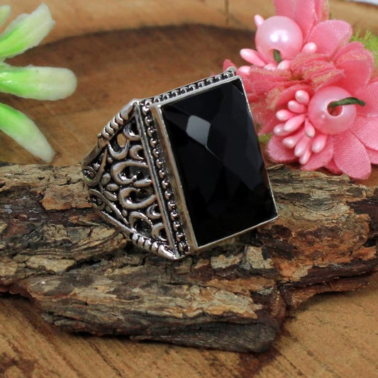 Faceted Black Onyx Gemstone 925 Sterling Silver Ring