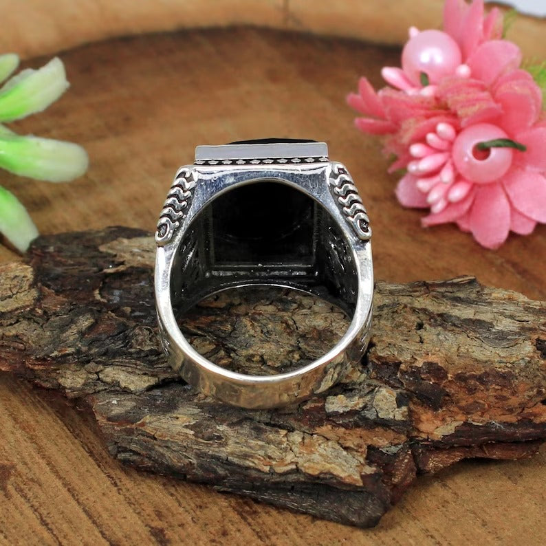 Faceted Black Onyx Gemstone 925 Sterling Silver Ring