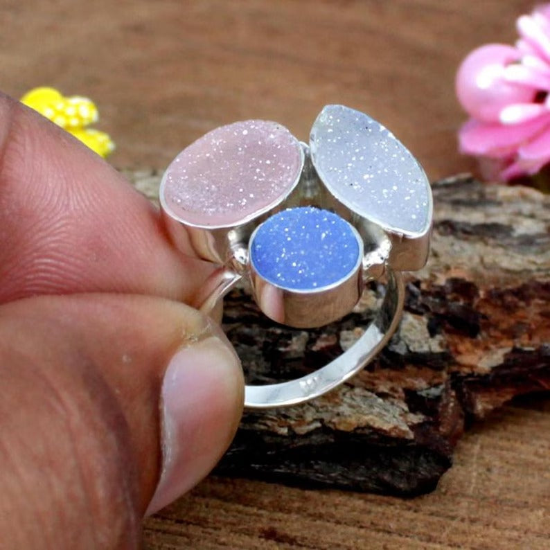 Multi Druzy Gemstone Solid Silver Ring