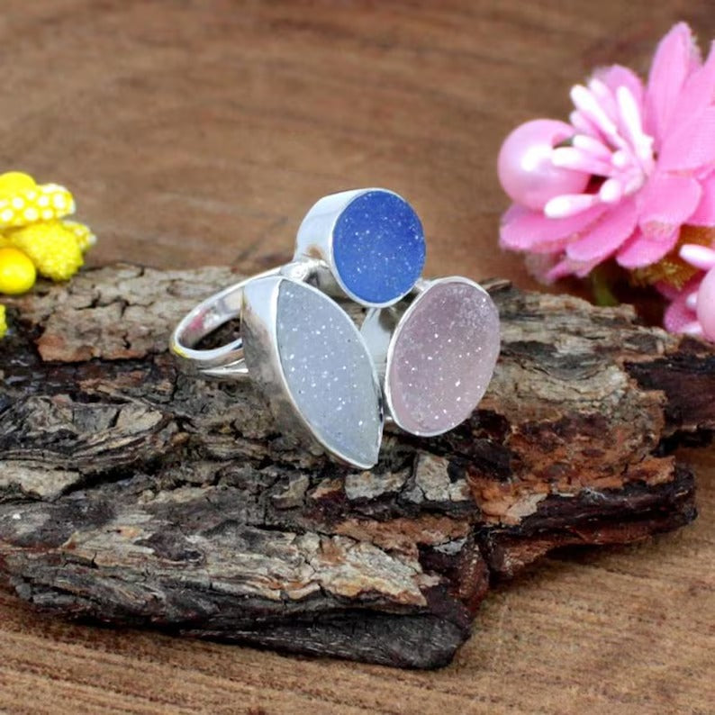 Multi Druzy Gemstone Solid Silver Ring