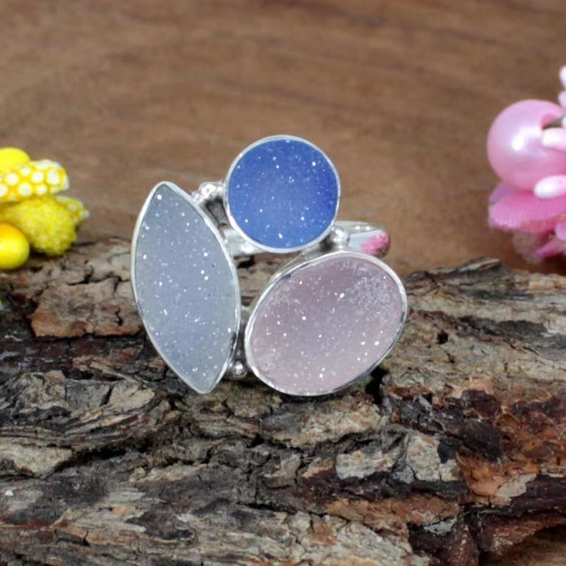 Multi Druzy Gemstone Solid Silver Ring