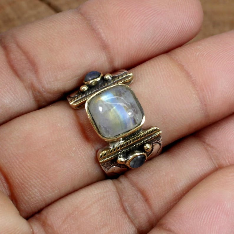 Moonstone Gemstone Two Tone Plating Sterling Silver Ring