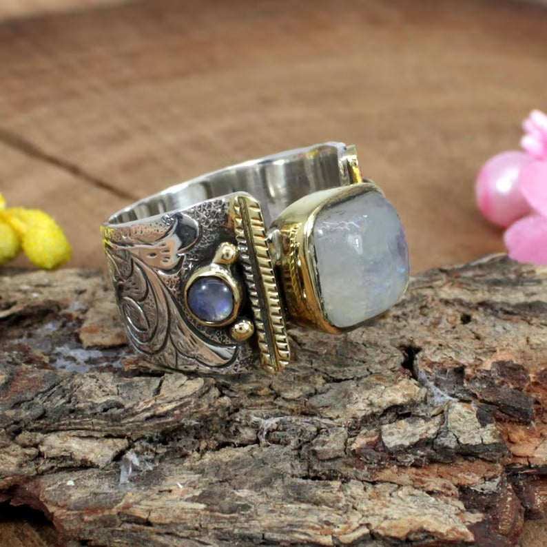 Moonstone Gemstone Two Tone Plating Sterling Silver Ring