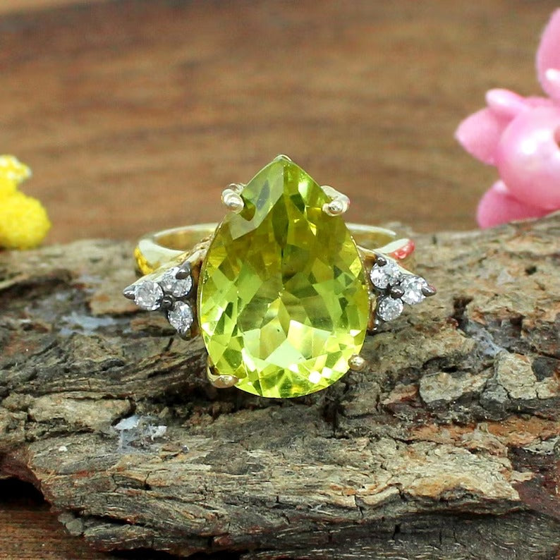 Pear Lemon Quartz Gemstone Silver Ring