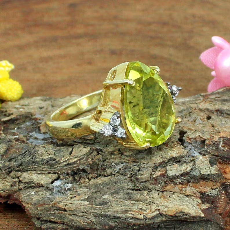 Pear Lemon Quartz Gemstone Silver Ring