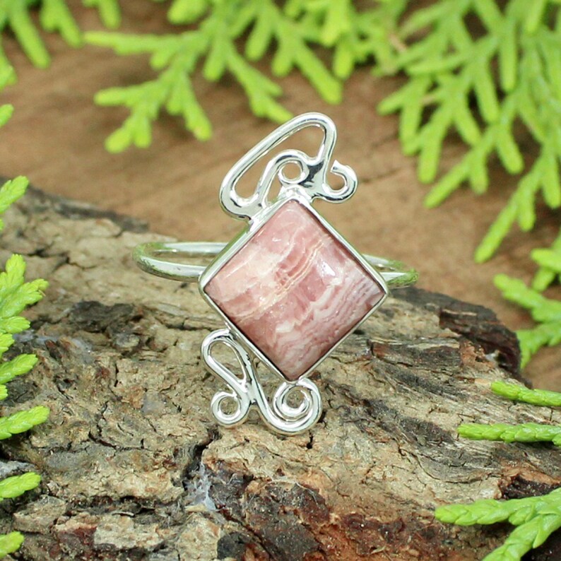 Square Rhodochrosite Gemstone Sterling Silver Ring