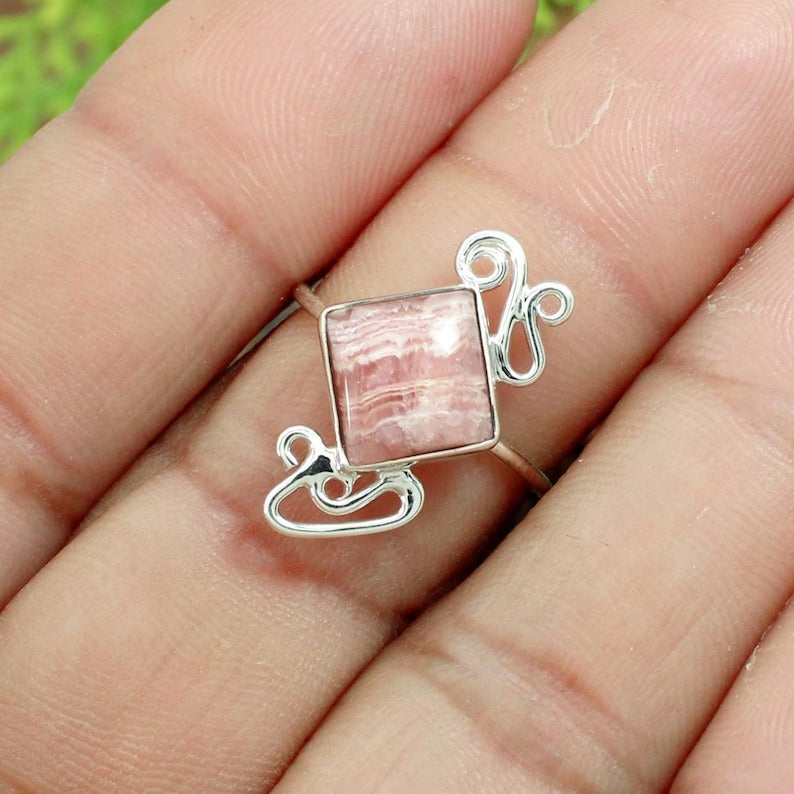 Square Rhodochrosite Gemstone Sterling Silver Ring