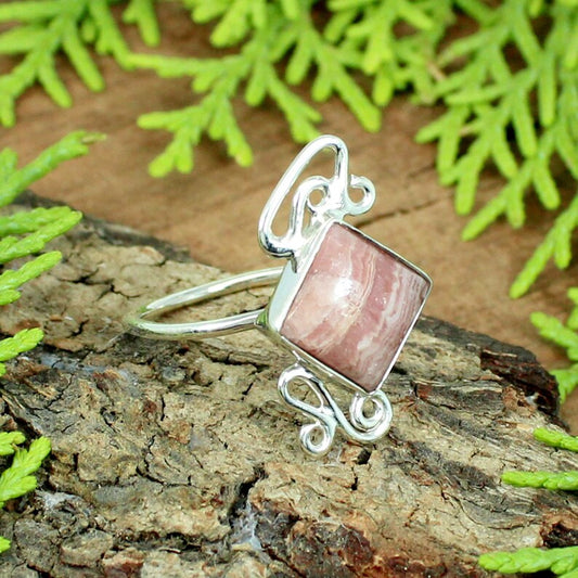 Square Rhodochrosite Gemstone Sterling Silver Ring