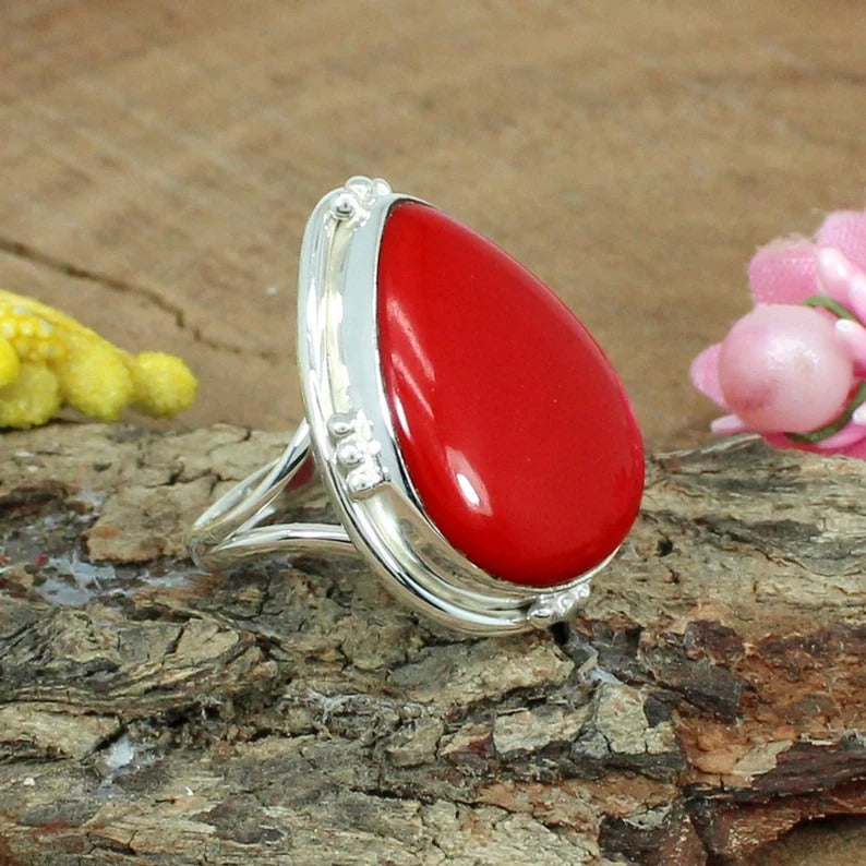 Red Coral Gemstone 92.5 Sterling Silver Ring