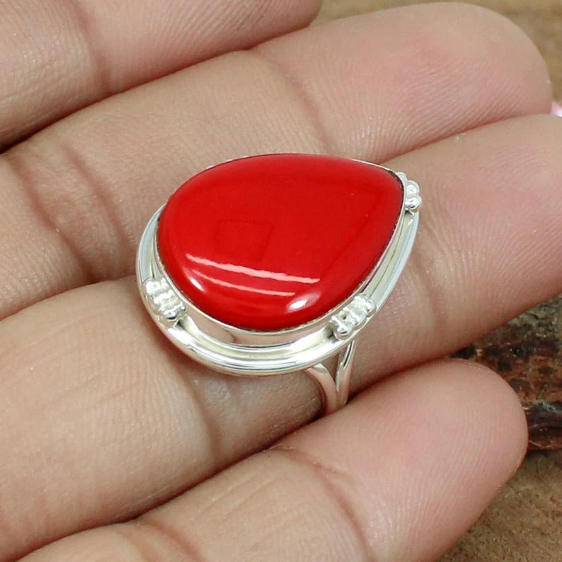 Red Coral Gemstone 92.5 Sterling Silver Ring