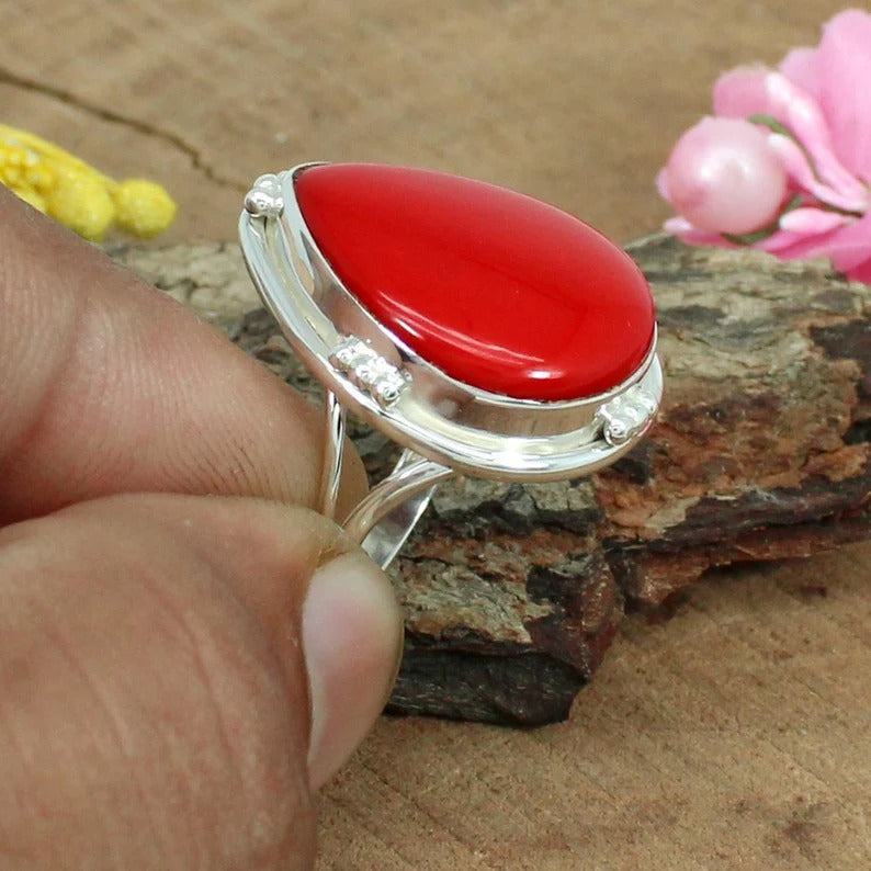 Red Coral Gemstone 92.5 Sterling Silver Ring