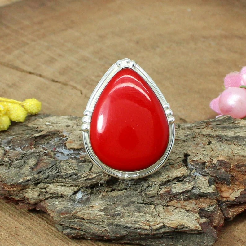 Red Coral Gemstone 92.5 Sterling Silver Ring