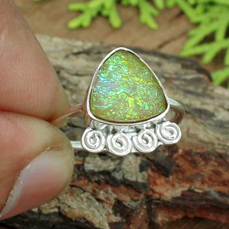 Trillion Synthetic Ethiopian Opal Gemstone 92.5 Silver Ring