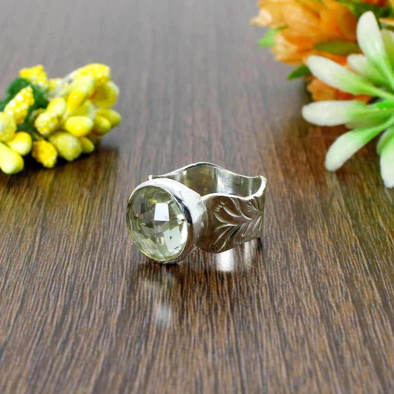 Green Amethyst Gemstone Sterling Silver Ring