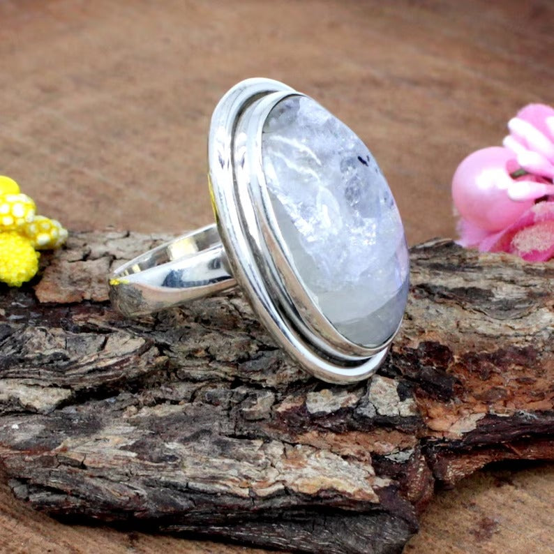 Natural Rainbow Moonstone Gemstone Sterling Silver Ring