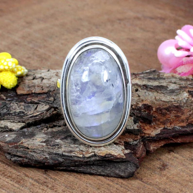 Natural Rainbow Moonstone Gemstone Sterling Silver Ring