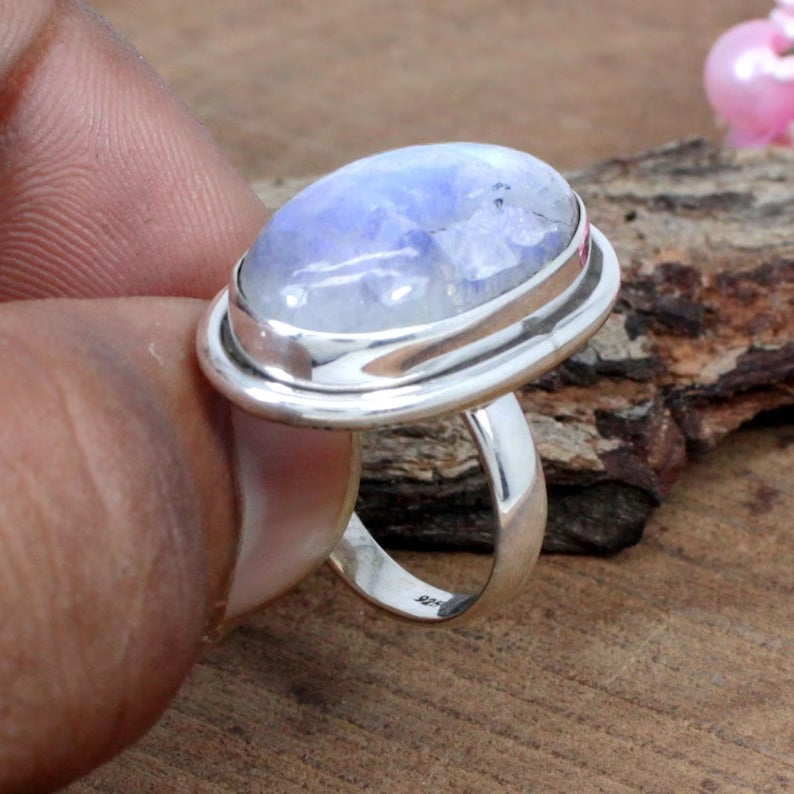 Natural Rainbow Moonstone Gemstone Sterling Silver Ring