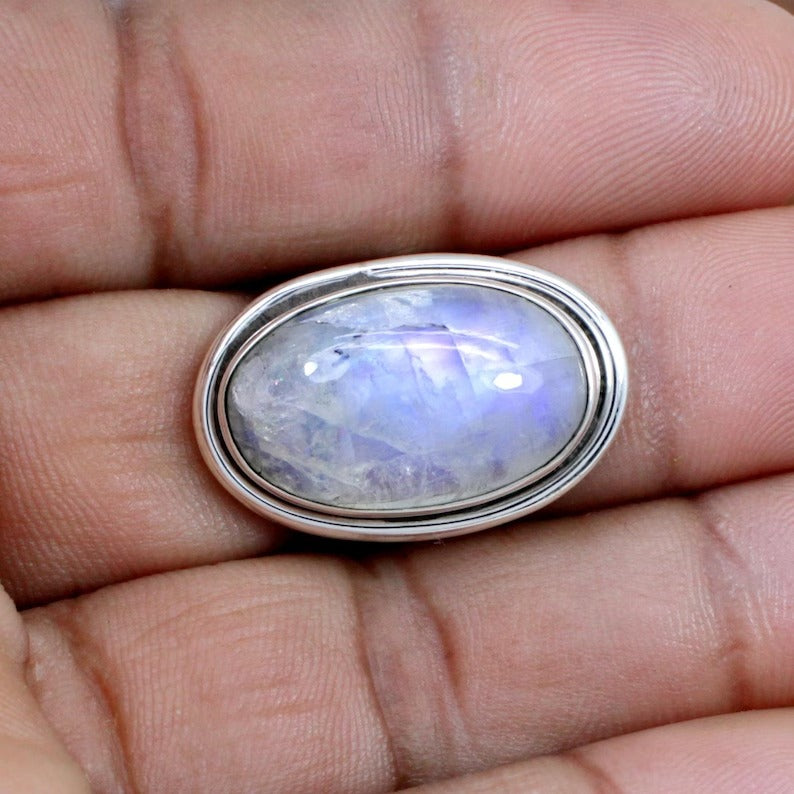 Natural Rainbow Moonstone Gemstone Sterling Silver Ring