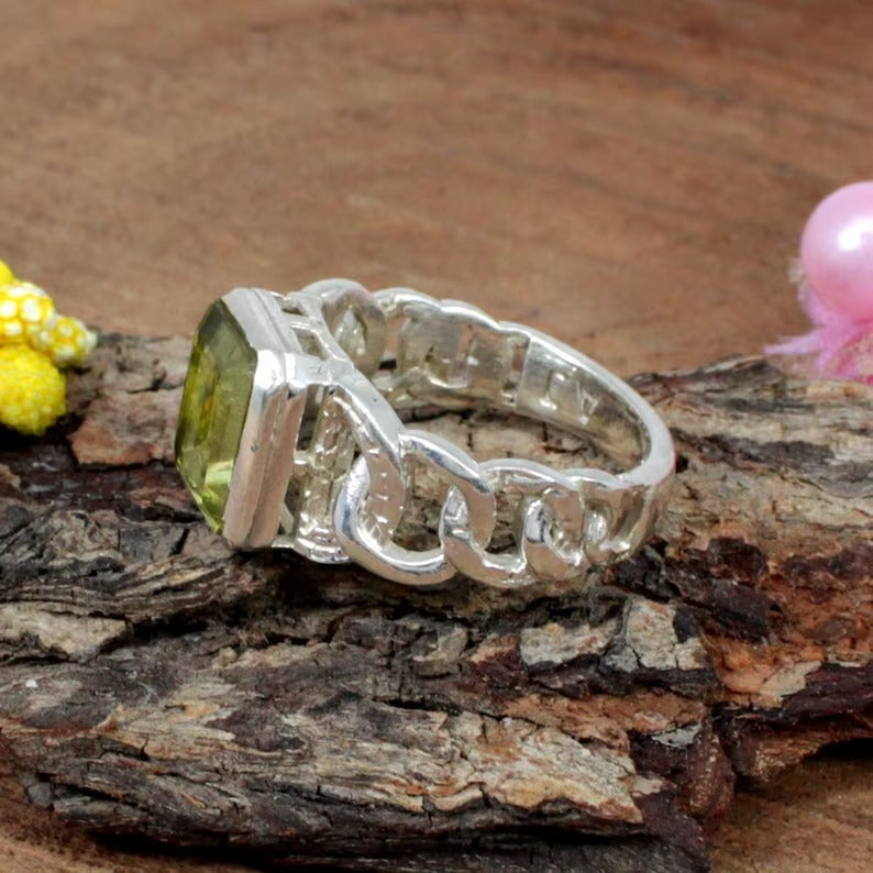 Rectangle Lemon Quartz Gemstone Silver Ring