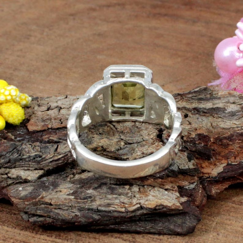 Rectangle Lemon Quartz Gemstone Silver Ring