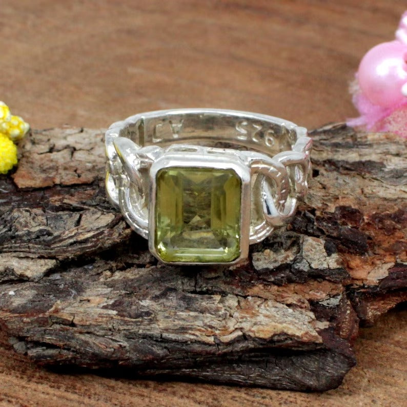 Rectangle Lemon Quartz Gemstone Silver Ring