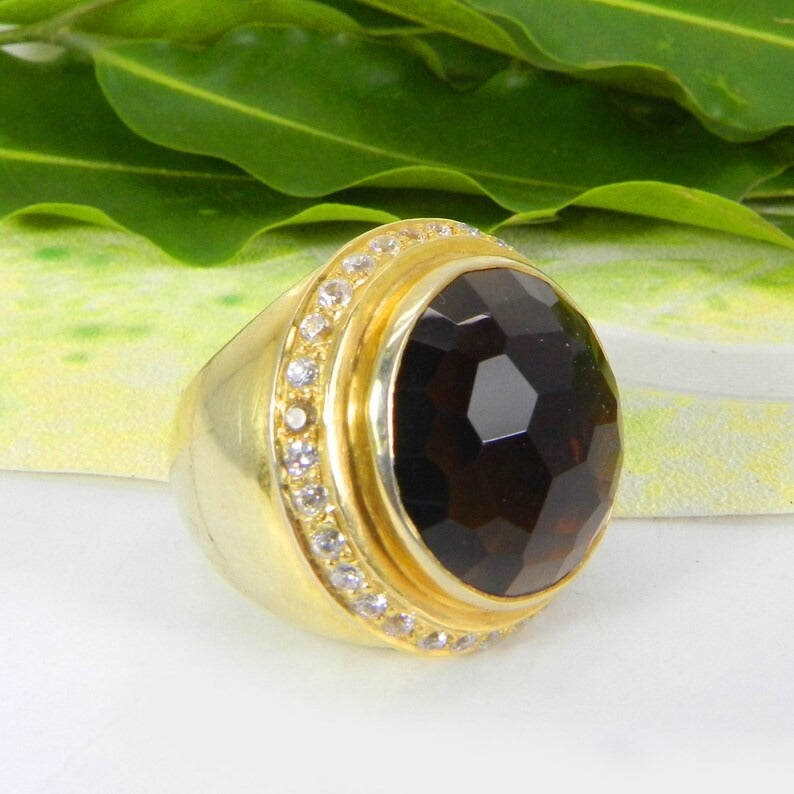 Smoky Quartz & Cz Sterling Silver Ring