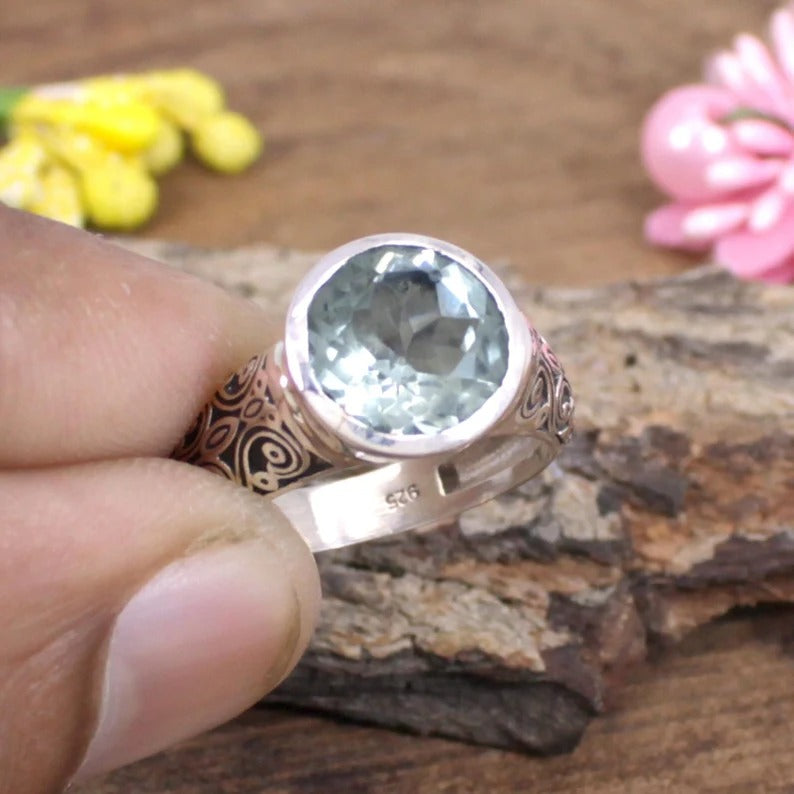 Round Green Amethyst Sterling Silver Ring