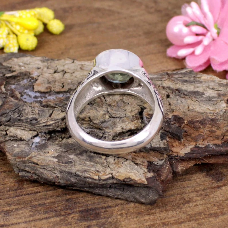 Round Green Amethyst Sterling Silver Ring