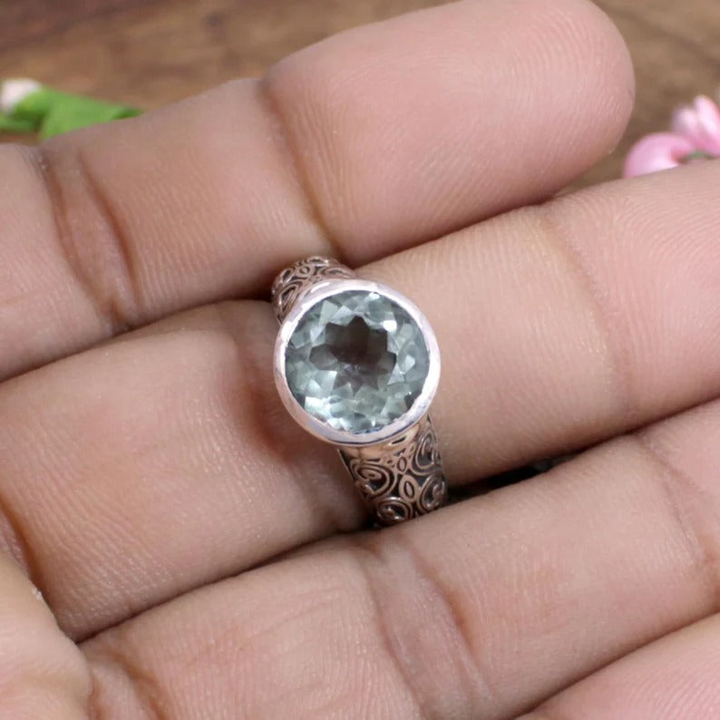 Round Green Amethyst Sterling Silver Ring