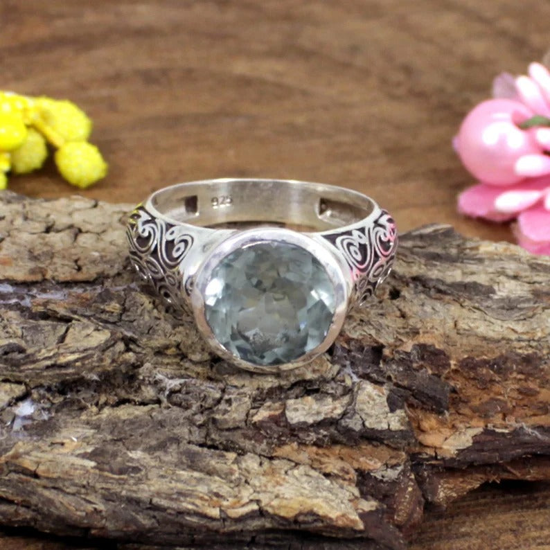 Round Green Amethyst Sterling Silver Ring