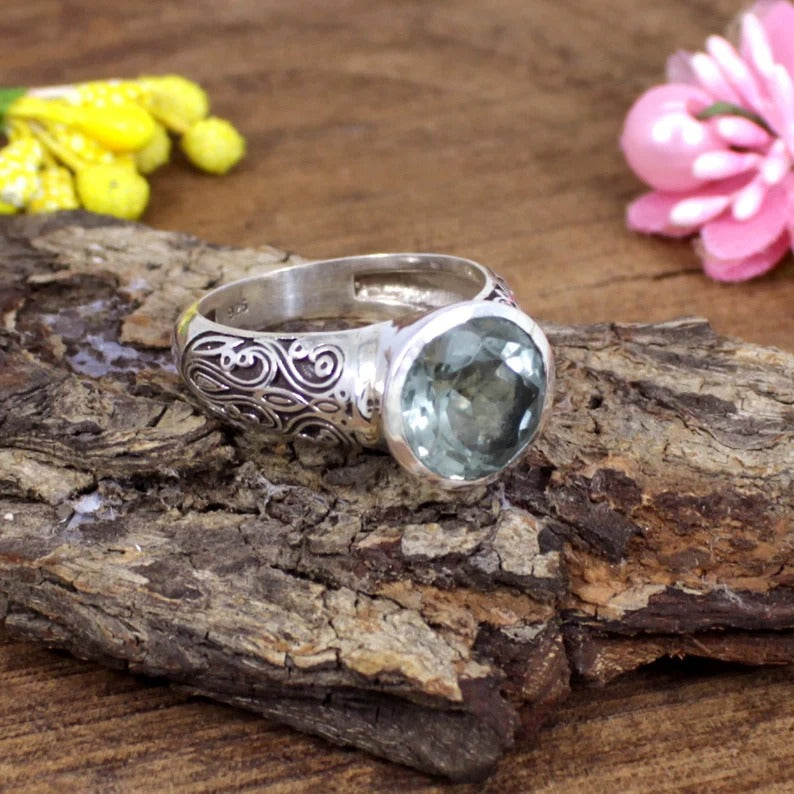 Round Green Amethyst Sterling Silver Ring