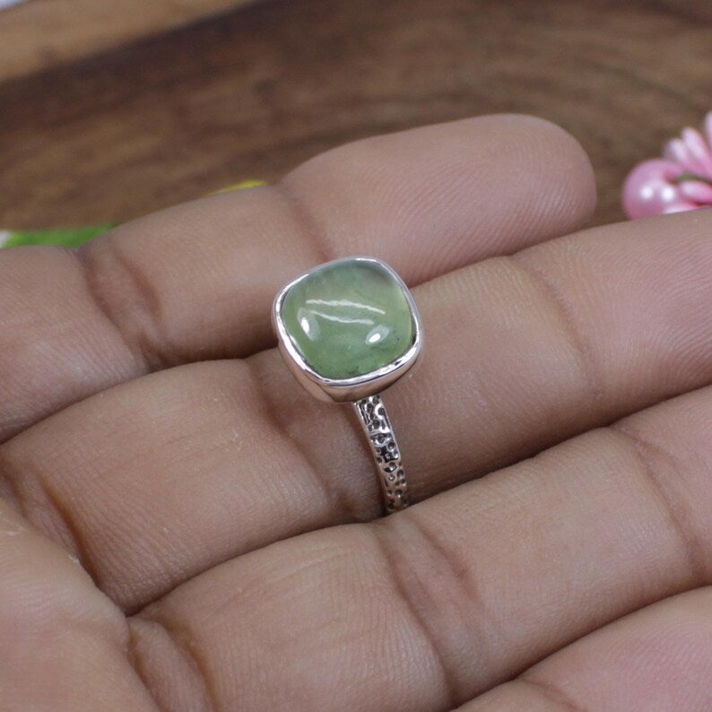 Cushion Prehnite Gemstone Sterling Silver Ring