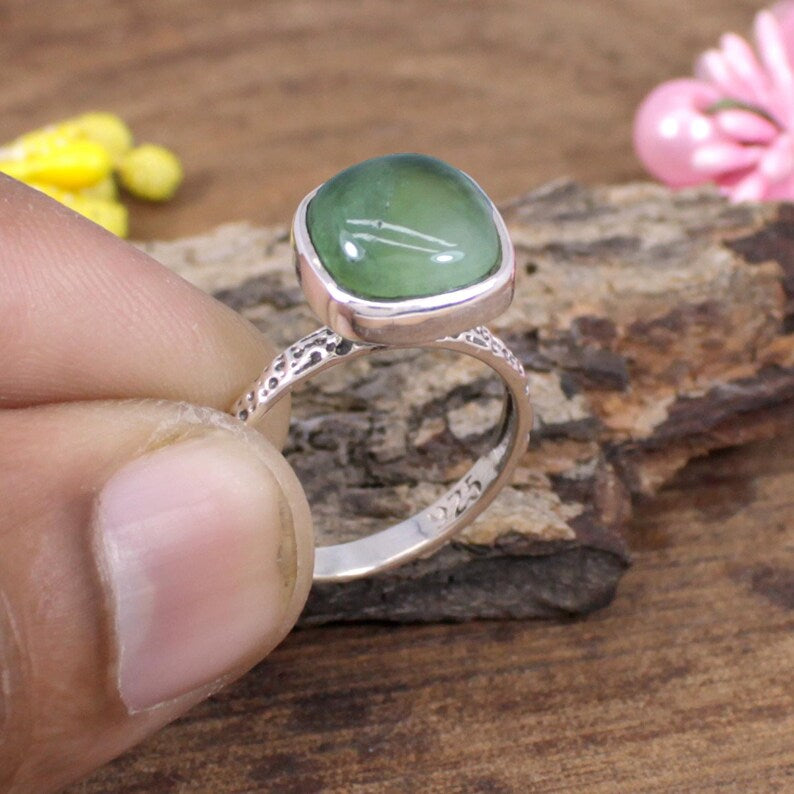 Cushion Prehnite Gemstone Sterling Silver Ring